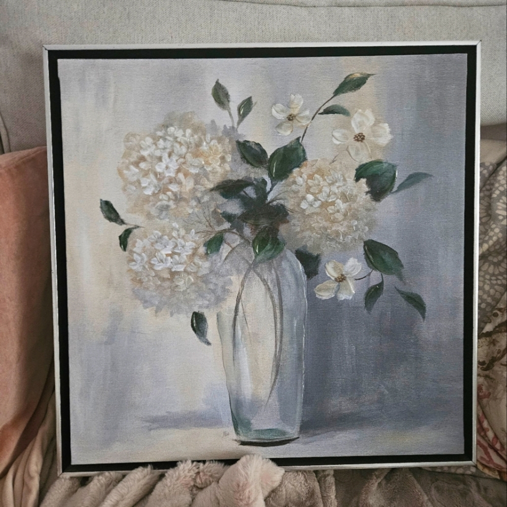 Floral Canvas Art with White and Green Accents